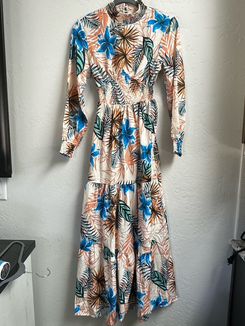 Maxi Tiered Floral Dress in Blue & Peach